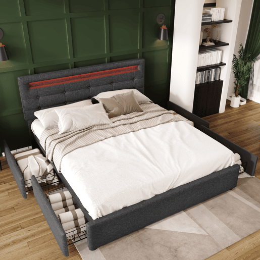 Cama contentora para roupa de cama 140x200 cm com LED + 2 gavetas + estrado - Cinzento