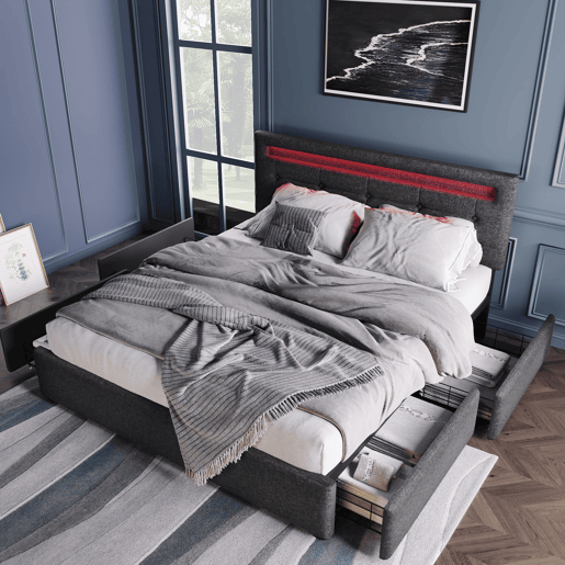 Cama contentora para roupa de cama 140x200 cm com LED + 2 gavetas + estrado - Cinzento