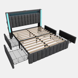 Cama com 2 gavetas 160x200cm estofada em linho - com função de carga e iluminação LED - Cinzento