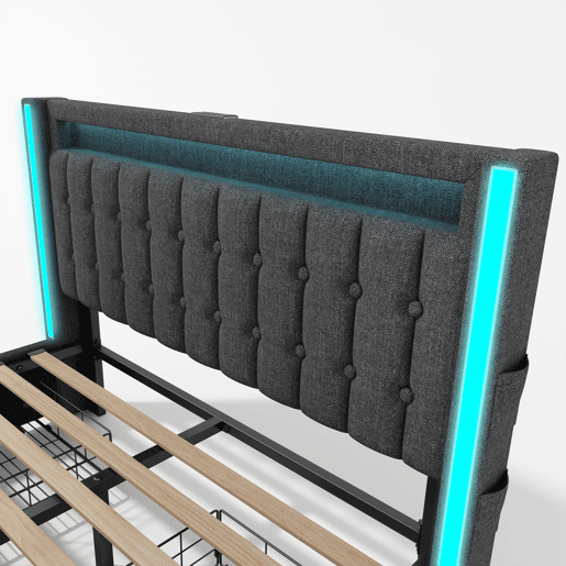 Cama com 2 gavetas 160x200cm estofada em linho - com função de carga e iluminação LED - Cinzento