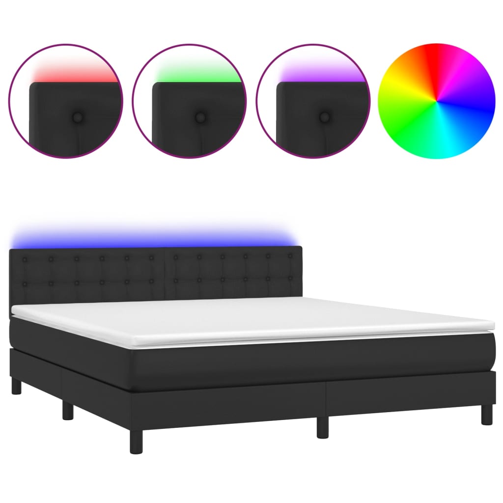 Cama box spring colchón y led cuero sintético negro 160x200 cm botones