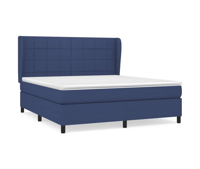 Cama box spring con colchón tela azul 160x200 cm bloques con cuadros
