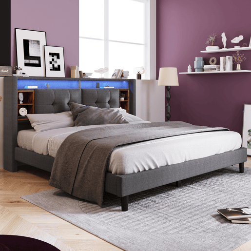 Cama de casal estofada em linho 1160x200cm com LED e porta de carregamento USB - estrado - Cinzento