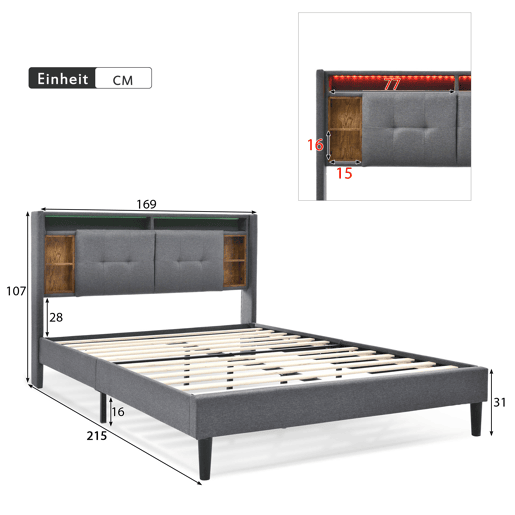 Cama de casal estofada em linho 1160x200cm com LED e porta de carregamento USB - estrado - Cinzento