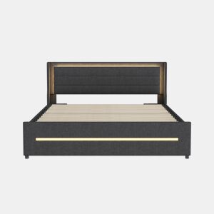 Cama de casal estofada 160x200cm em linho - com 4 gavetas e iluminação LED - com estrado - Cinzento