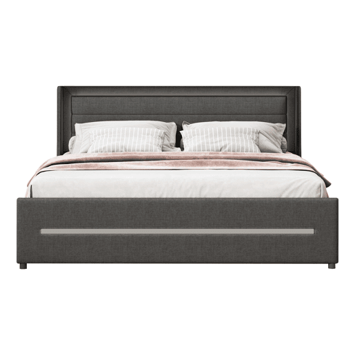 Cama de casal estofada 160x200cm em linho - com 4 gavetas e iluminação LED - com estrado - Cinzento