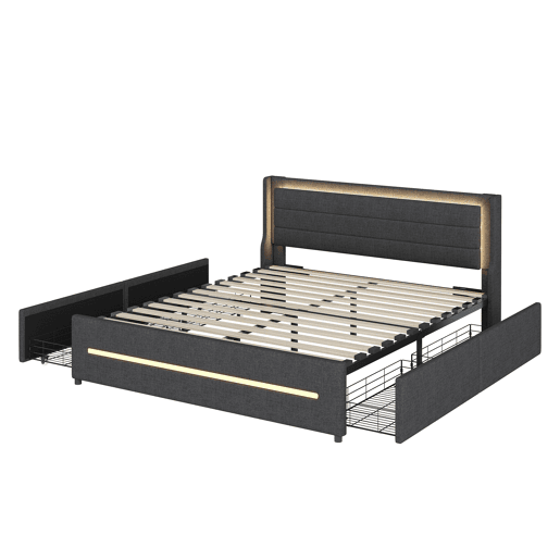 Cama de casal estofada 160x200cm em linho - com 4 gavetas e iluminação LED - com estrado - Cinzento