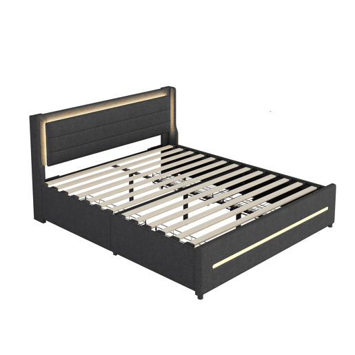 Cama de casal estofada 160x200cm em linho - com 4 gavetas e iluminação LED - com estrado - Cinzento
