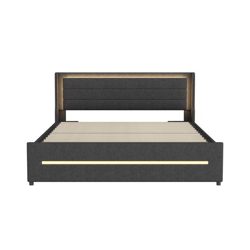 Cama de casal estofada 160x200cm em linho - com 4 gavetas e iluminação LED - com estrado - Cinzento