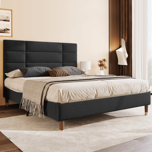 Cama de casal 140x200cm - Cama estofada em linho com estrado e cabeceira - Preto