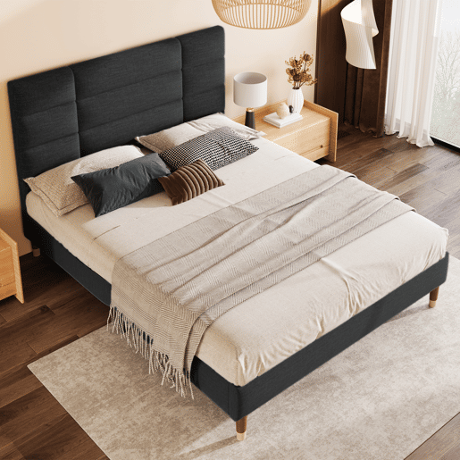 Cama de casal 140x200cm - Cama estofada em linho com estrado e cabeceira - Preto