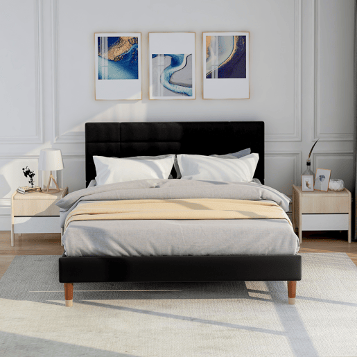 Cama de casal 140x200cm - Cama estofada em linho com estrado e cabeceira - Preto