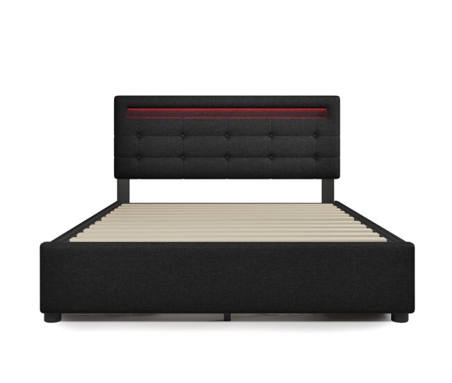 Cama contenedor de lino con led 140x200 cm + 2 cajones + somier - negro