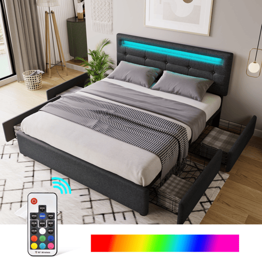 Cama contentora para roupa de cama com LED 140x200 cm + 2 gavetas + estrado - Preto