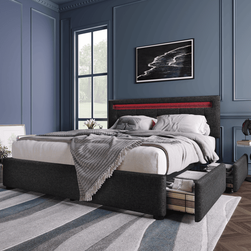 Cama contentora para roupa de cama com LED 140x200 cm + 2 gavetas + estrado - Preto