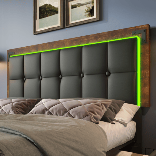 Cama estofada com LED e 4 gavetas - 160x200 cm - cabeceira regulável em altura - em pele sintética preta