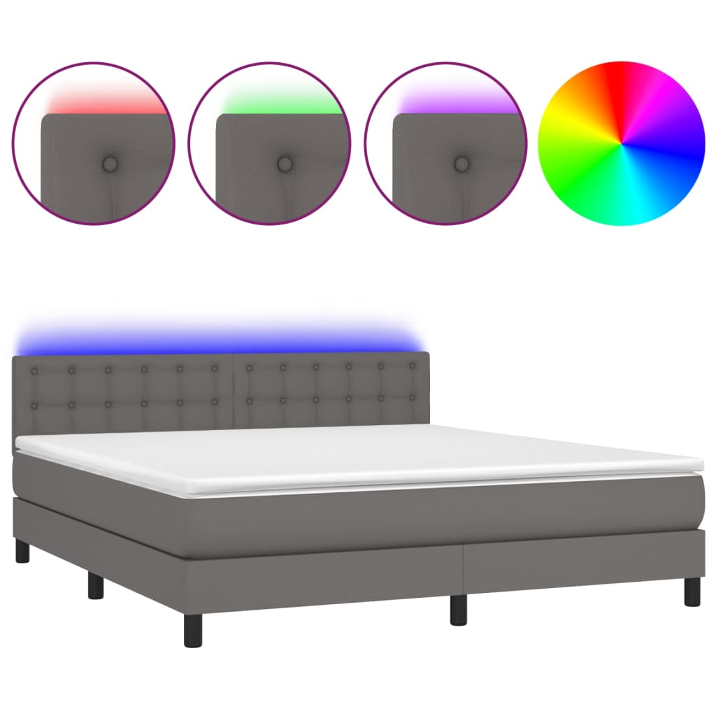 Cama box spring colchón y led cuero sintético gris 160x200 cm botones