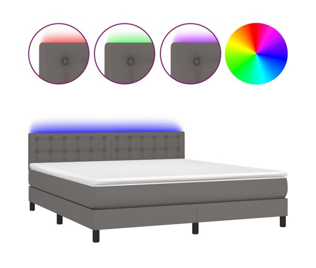 Cama box spring colchón y led cuero sintético gris 160x200 cm botones