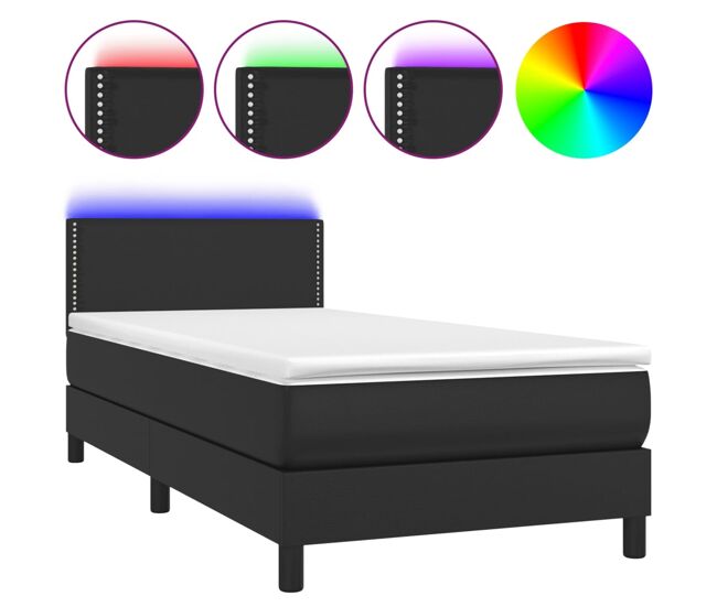 Cama box spring y colchón led cuero sintético negro 90x190 cm liso con clavos