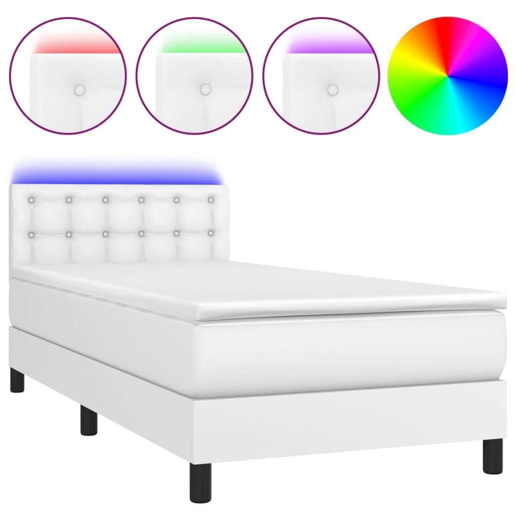 Cama box spring colchón y led cuero sintético blanco 100x200 cm botones