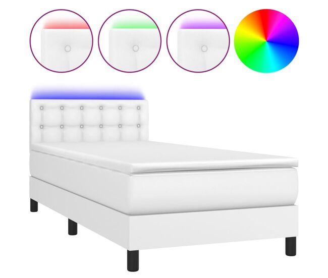 Cama box spring colchón y led cuero sintético blanco 100x200 cm botones