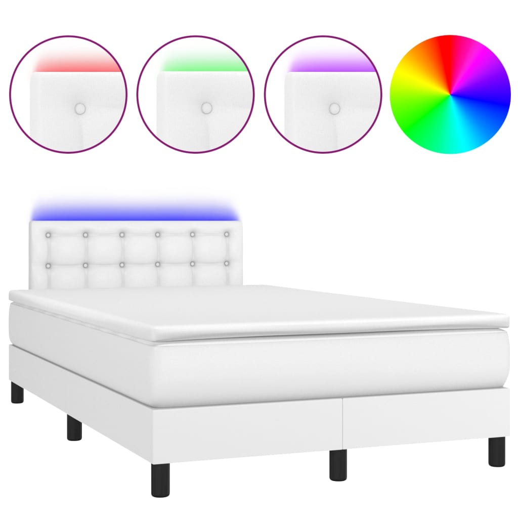 Cama box spring colchón y led cuero sintético blanco 120x200 cm botones