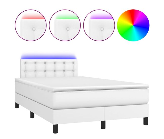 Cama box spring colchón y led cuero sintético blanco 120x200 cm botones