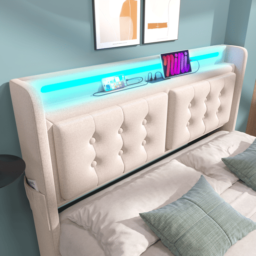 Cama de adulto 140x200 cm em tecido de linho - com LED e portas de carregamento - 4 gavetas - Bege