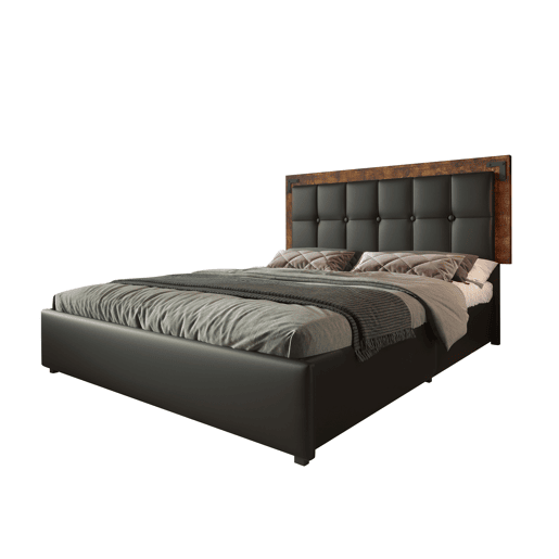 Cama estofada com LED e 4 gavetas - 140x200 cm - cabeceira regulável em altura - em pele sintética preta