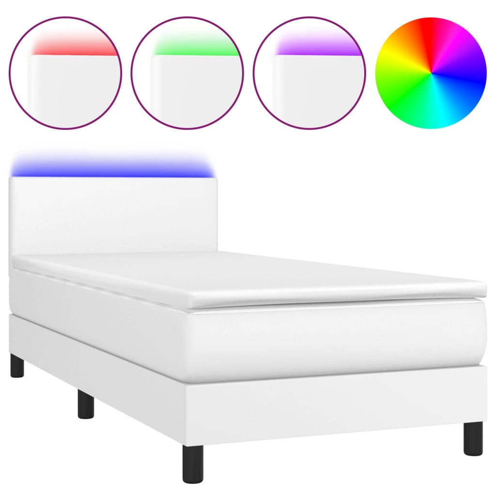 cama box spring y colchon led cuero sintetico blanco 80x200 cm diseno plano