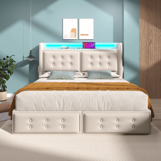 Cama de adulto 160x200cm em tecido de linho - com LED e portas de carregamento - 4 gavetas - Bege Cama de adulto 160x200cm em tecido de linho - com LED e portas de carregamento - 4 gavetas - Bege