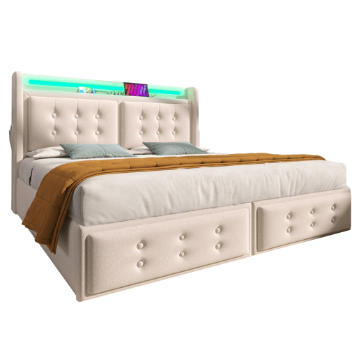 Cama de adulto 160x200cm em tecido de linho - com LED e portas de carregamento - 4 gavetas - Bege Cama de adulto 160x200cm em tecido de linho - com LED e portas de carregamento - 4 gavetas - Bege