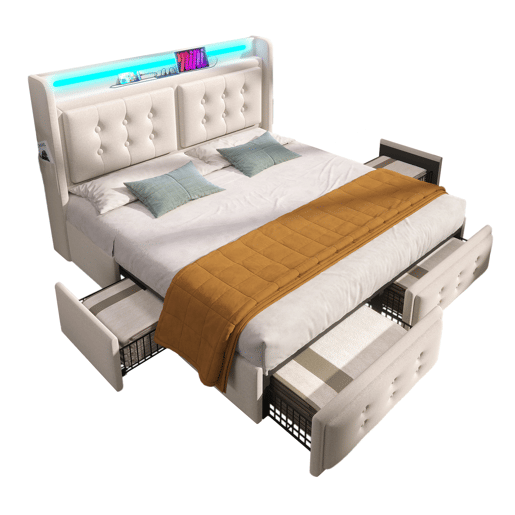 Cama de adulto 160x200cm em tecido de linho - com LED e portas de carregamento - 4 gavetas - Bege Cama de adulto 160x200cm em tecido de linho - com LED e portas de carregamento - 4 gavetas - Bege