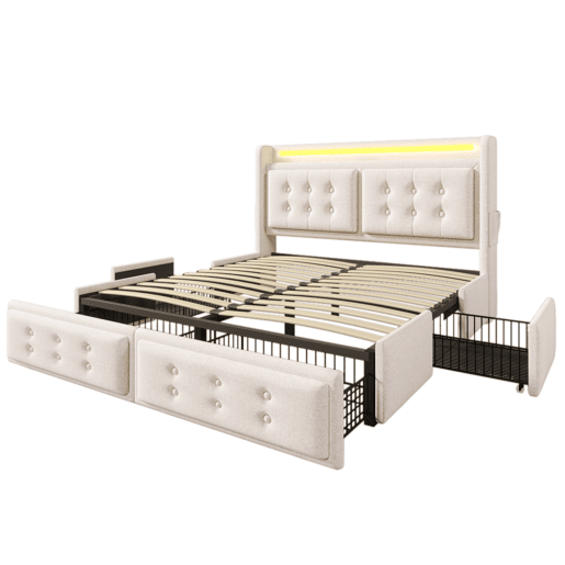 Cama de adulto 160x200cm em tecido de linho - com LED e portas de carregamento - 4 gavetas - Bege Cama de adulto 160x200cm em tecido de linho - com LED e portas de carregamento - 4 gavetas - Bege