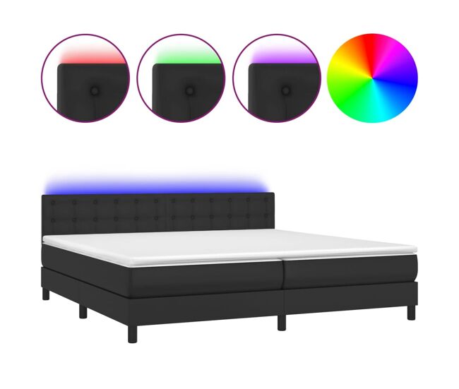Cama box spring colchón y led cuero sintético negro 200x200 cm botones