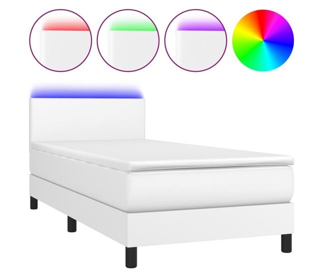 Cama box spring colchón y led cuero sintético blanco 100x200 cm diseño plano