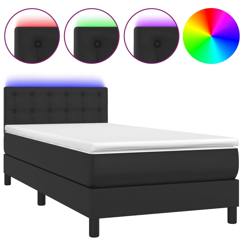 Cama box spring y colchón led cuero sintético negro 90x190 cm botones