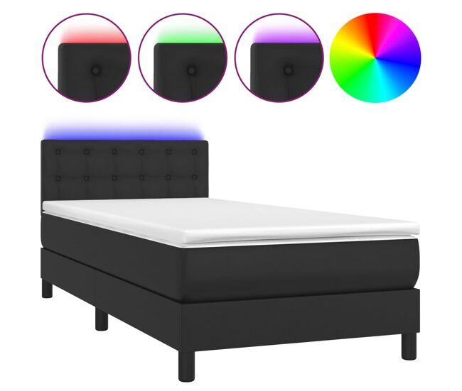 Cama box spring y colchón led cuero sintético negro 90x190 cm botones