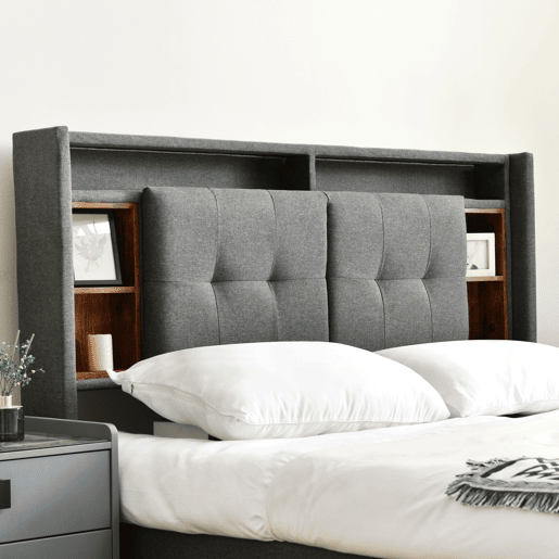 Cama de casal estofada em linho 140x200cm com LED e porta de carregamento USB - estrado - Cinzento