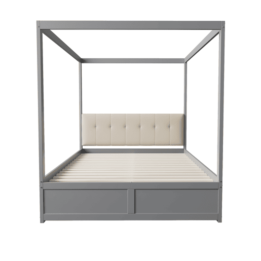 Cama de dossel de madeira 140x200cm - com cabeceira estofada e 2 gavetas - Cinzento