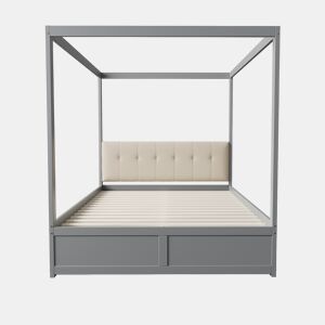 Cama de dossel de madeira 140x200cm - com cabeceira estofada e 2 gavetas - Cinzento