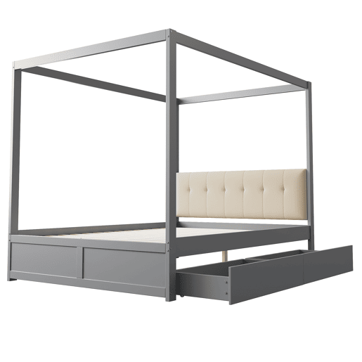 Cama de dossel de madeira 140x200cm - com cabeceira estofada e 2 gavetas - Cinzento