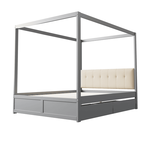 Cama de dossel de madeira 140x200cm - com cabeceira estofada e 2 gavetas - Cinzento