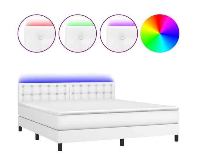 Cama box spring colchón y led cuero sintético blanco 180x200 cm botones