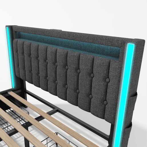 Lit com 2 gavetas 140x200cm estofado em linho - com função de carga e iluminação LED - Cinzento