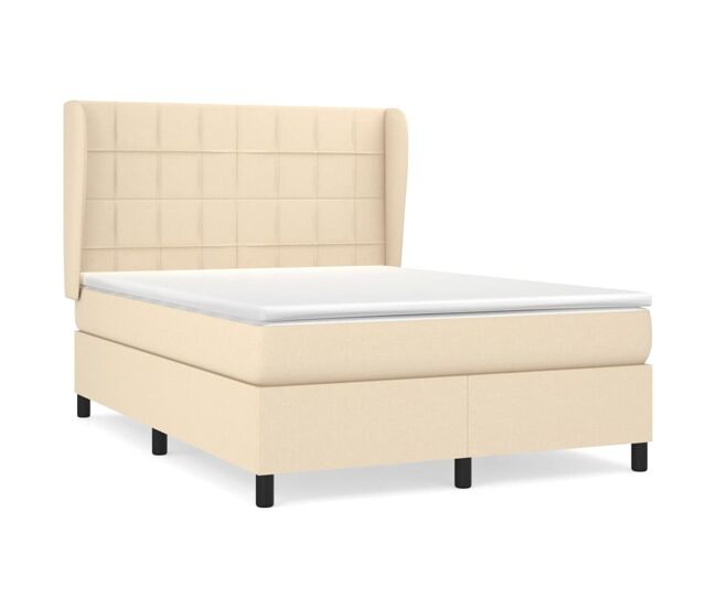 Cama box spring con colchón tela color crema 140x200 cm bloques con cuadros