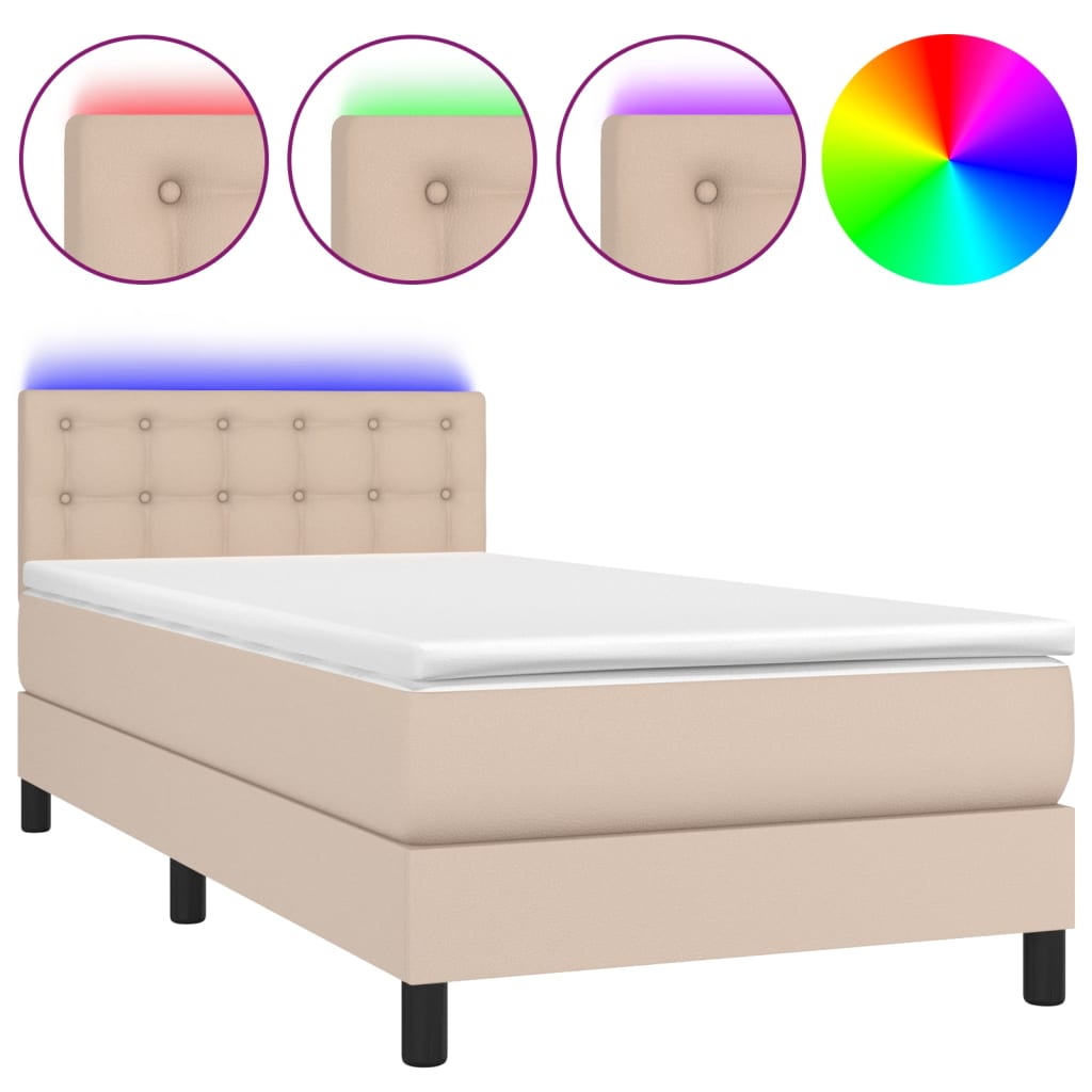 Cama box spring colchón led cuero sintético capuchino 90x200 cm botones