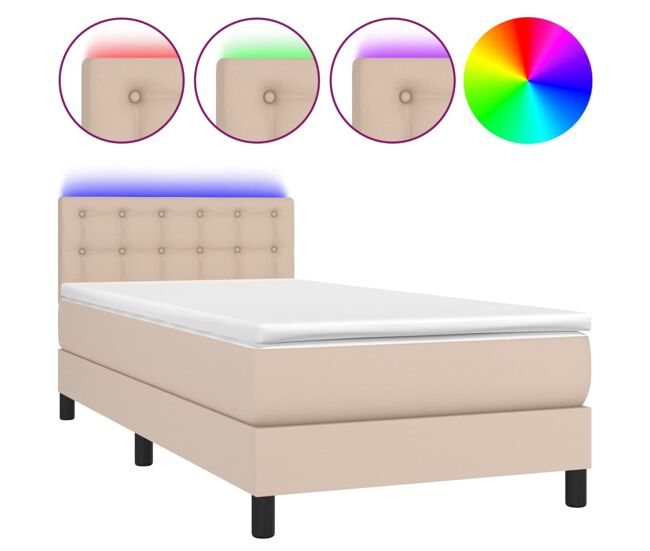 Cama box spring colchón led cuero sintético capuchino 90x200 cm botones