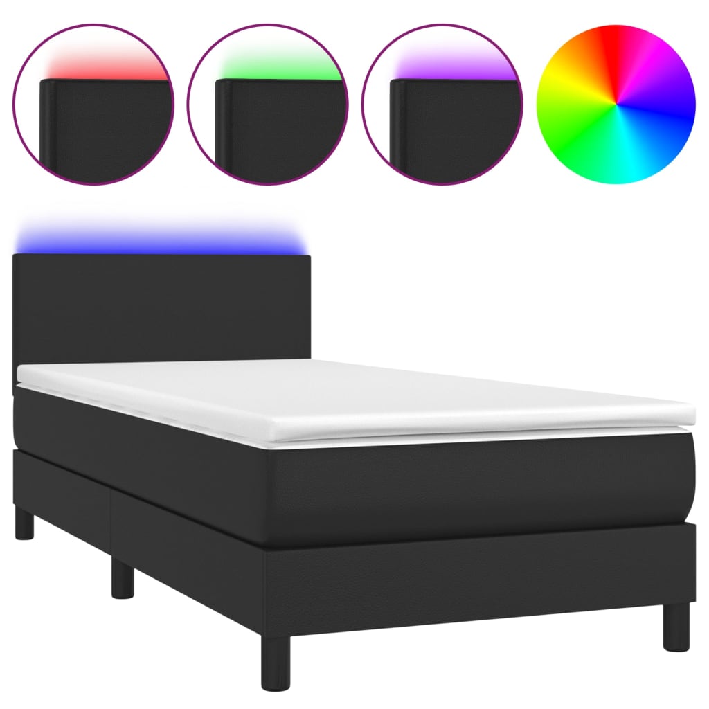Cama box spring y colchón led cuero sintético negro 90x200 cm diseño plano