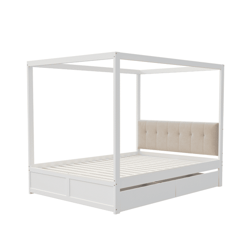 Cama de dossel de madeira 140x200cm - com cabeceira estofada e 2 gavetas - Cor branca